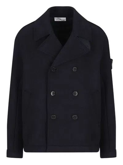 STONE ISLAND DOUBLE-BREASTED BLUE COAT WITH STRUCTURED COLLAR