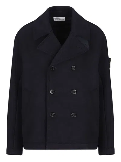 Stone Island Double Breasted Coat Notch Lapels Buttons Pockets In Black
