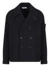 Stone Island Double-breasted Wool Peacoat In Black