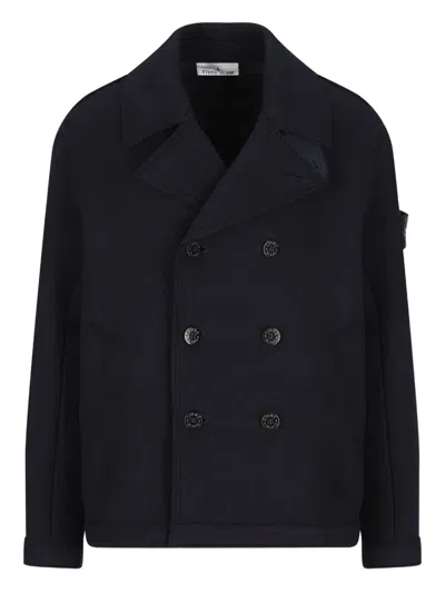 Stone Island Double-breasted Wool Peacoat In Black