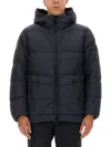 Stone Island Blue Down Jacket With Drawstring Hood And Logo Patch On The Sleeve In Tech Fabric Man In Blue