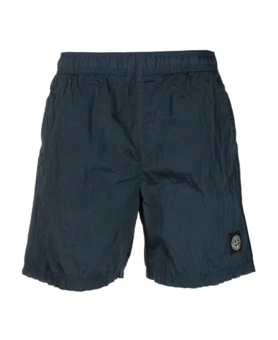 Stone Island Embroidered-logo Swim Shorts In Blue