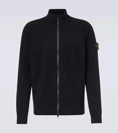 Stone Island Full Zip Knit Sweater With High Collar In Black