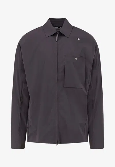 Stone Island Embroidered Zip-up Shirt In Black