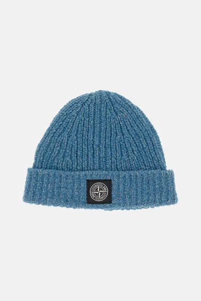 Stone Island Fancy Yarn Mouliné Wool Beanie In Blue