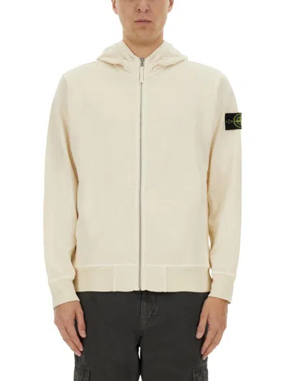Stone Island Felpa Con Zip E Cappuccio In Beige
