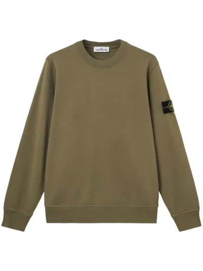 Stone Island -inspired Cotton Fleece Crewneck Sweatshirt With Sleeve Badge In Green