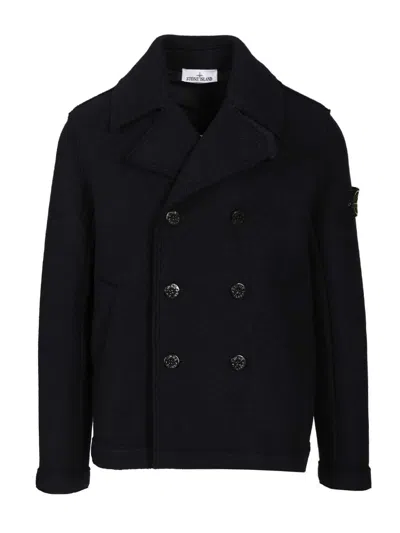 Stone Island Felt Pea Coat In Black