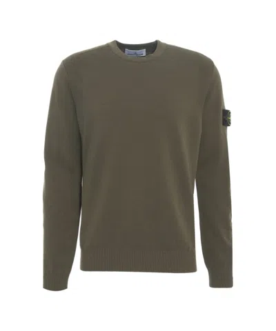 Stone Island Wool Crew Neck Sweater With Ribbed Cuffs In Green