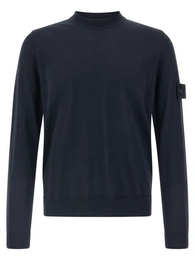 Stone Island Fine-knit Wool Crew-neck Sweater With Side Logo Badge In Blue