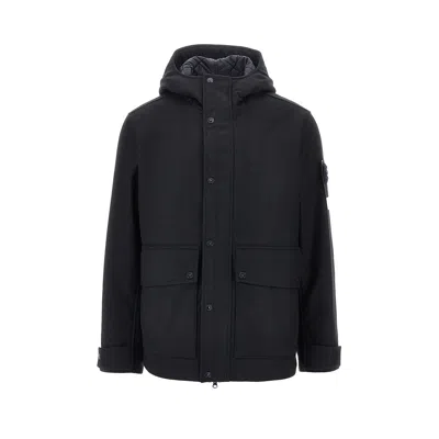 Stone Island Flannel Jacket With Logo Badge In Black