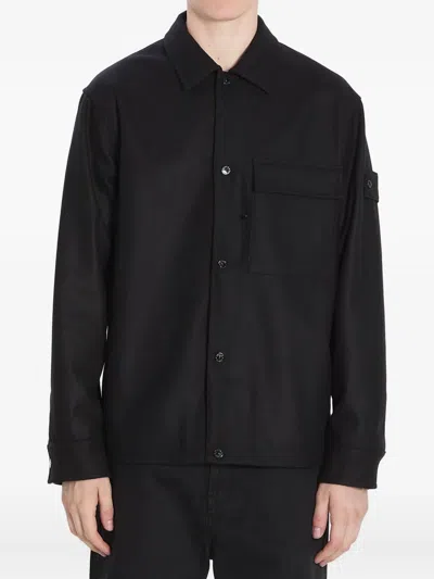 Stone Island Wool Blend Shirt With Chest And Flap Pockets In Black