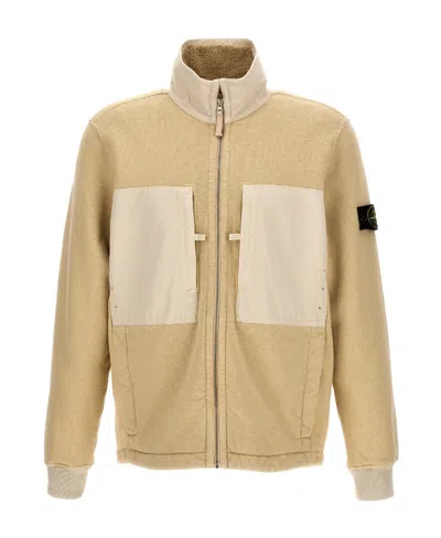Stone Island Fleece-lined Panelled Zip-up Jacket In White