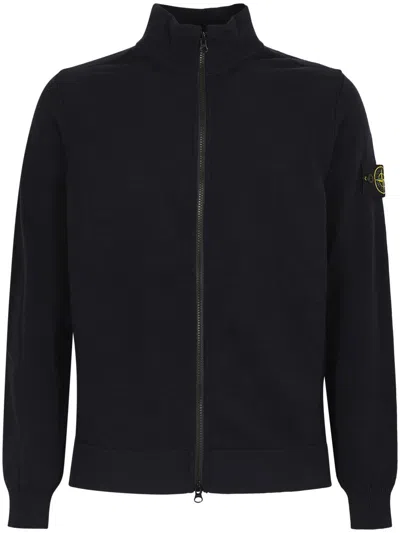 Stone Island Full Zip High Collar Knit Sweater In Black