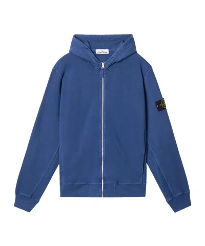 Stone Island Full Zip Hooded Sweatshirt With Slub Effect In Ocean Blue