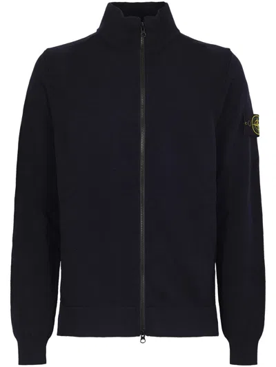 Stone Island Full Zip Knit Sweater With High Collar In Blue