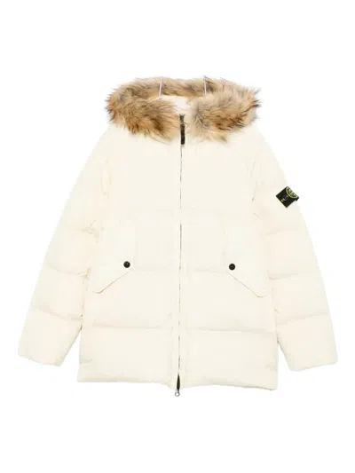 Stone Island Kids' Fur-trimmed Puffer Coat In White
