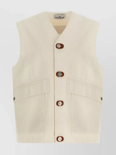 Stone Island Garment-washed Cotton Gabardine Vest With V-neck In Neutral