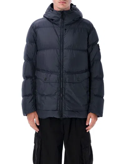 Stone Island Garment Dyed Crinckle Hooded Down Jacket In Blue