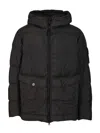 Stone Island Blue Down Jacket With Drawstring Hood And Logo Patch On The Sleeve In Tech Fabric Man In Black