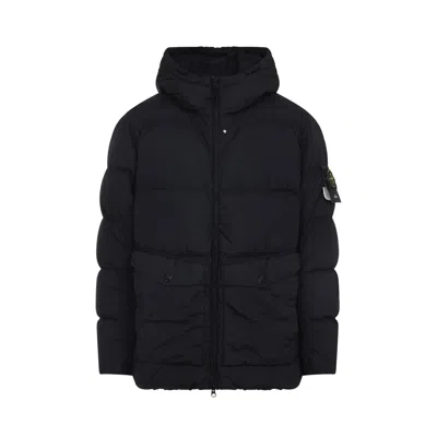 Stone Island Blue Down Jacket With Drawstring Hood And Logo Patch On The Sleeve In Tech Fabric Man In Black