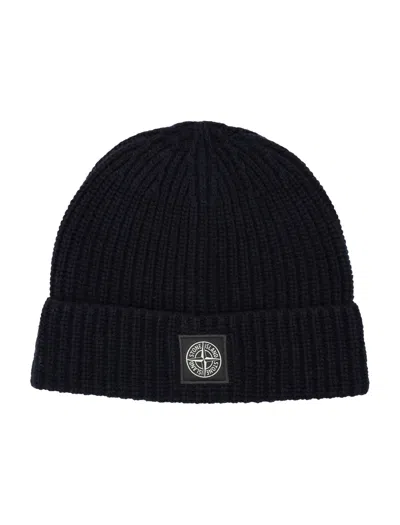 Stone Island Geelong Wool Beanie With Rib Knit And Compass Logo Patch In Blue