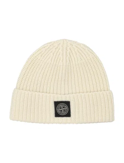 Stone Island Geelong Wool Beanie With Rib Knit Cuff And Compass Patch In Neutral