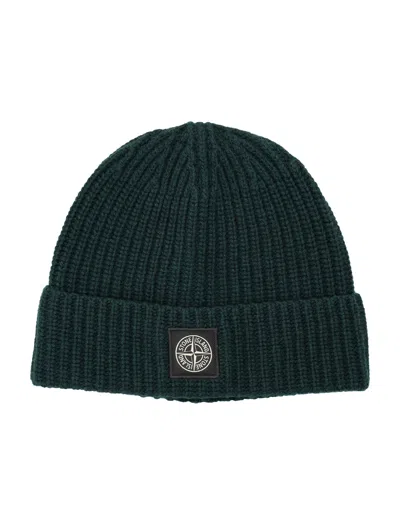 Stone Island Geelong Wool Beanie With Ribbed Knit Turn-up Cuff And Compass Logo Patch In Green