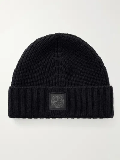 Stone Island Ghost Ribbed Cashmere Beanie In Black