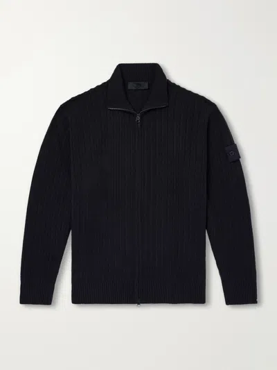 Stone Island Ghost Ribbed Wool And Cashmere-blend Zip-up Cardigan In Black
