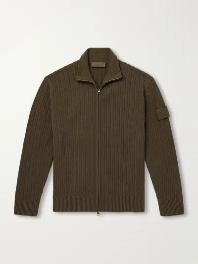 Stone Island Ghost Ribbed Wool And Cashmere-blend Zip-up Cardigan In Green