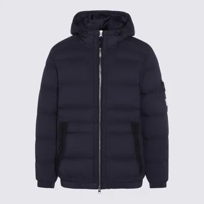 Stone Island Blue Stretch Nylon Hooded Down Jacket In Black