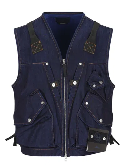 Stone Island Indigo Blue Zip Vest In Cotton Blend