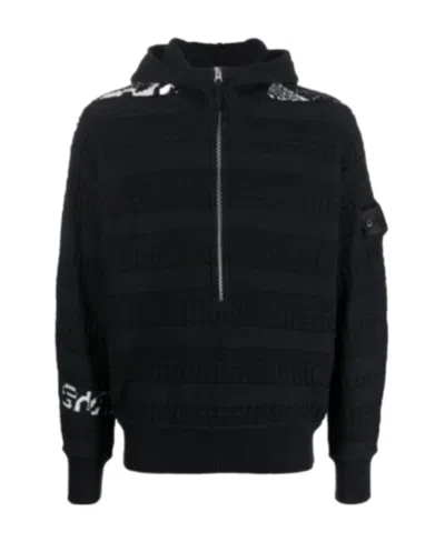 Stone Island Graphic-print Knitted Hoodie In Black