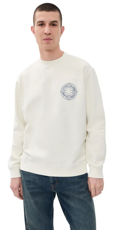 Stone Island Ribbed Neckline Sweatshirt With Raised Compass Logo Print In White