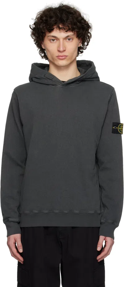 Stone Island Gray Malfilé Fleece Old Effect Hoodie In Black