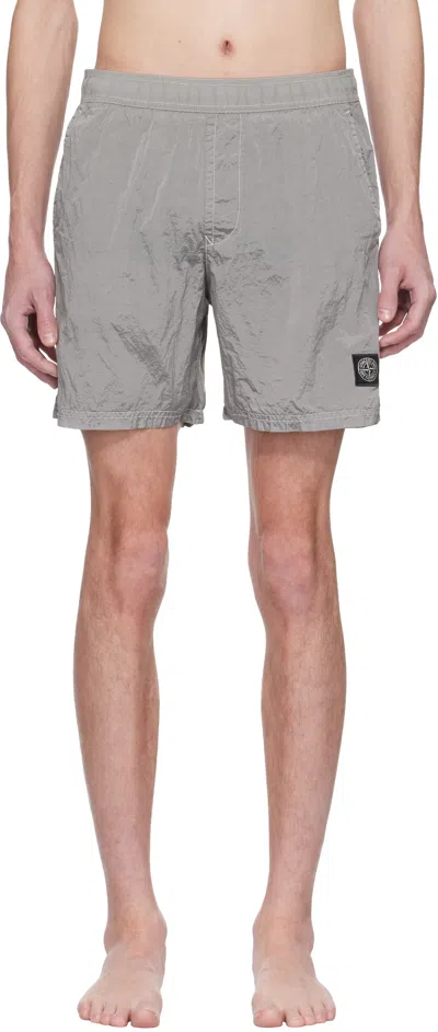 Stone Island Logo-patch Crinkled Swim Shorts In V0061 - Pearl Grey