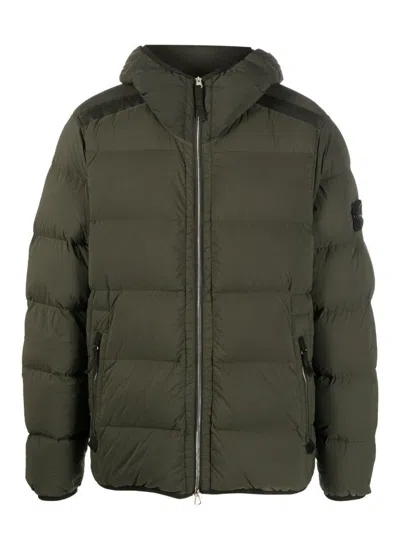STONE ISLAND GREY HOODED DOWN JACKET WITH REMOVABLE LOGO PATCH FOR MEN