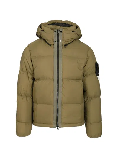 Stone Island Detachable Hooded Coat With Drawstring And Zip Closure For Men In Green