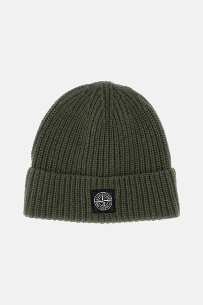 Stone Island Green Logo Beanie Hat In Gold