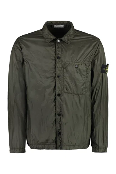 Stone Island Green Overshirt With Removable Logo Patch And Shirt Style Collar For Men
