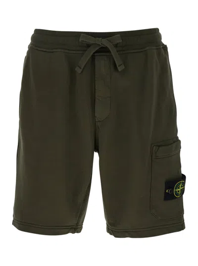 Stone Island Green Shorts With Elastic Drawstring Waist And Logo Patch On The Front In Cotton Man In Military Green