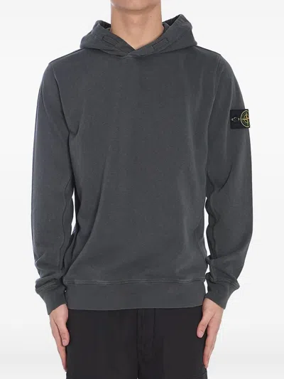 Stone Island Grey Cotton Hoodie With Logo Patch At The Sleeve In Beige