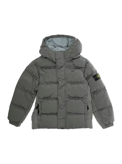 Stone Island Kids' Grey Down Jacket With Fixed Hood And Logo Patch On The Sleeve In Tech Fabric Boy In Gray