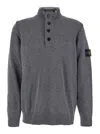 Stone Island Grey High Neck Sweater With Button Closure On The Front And Logo Patch On The Sleeve In Wool Man In Gray