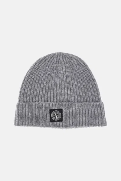 Stone Island Grey Logo Beanie Hat In Burgundy