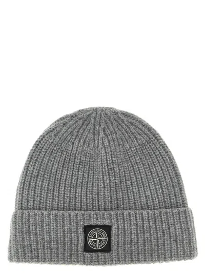 Stone Island Grey Ribbed Textured Beanie Hat In Gray