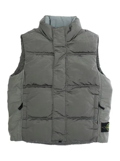 STONE ISLAND GREY SLEEVELESS DOWN JACKET WITH LOGO PATCH ON THE FRONT IN TECH FABRIC BOY