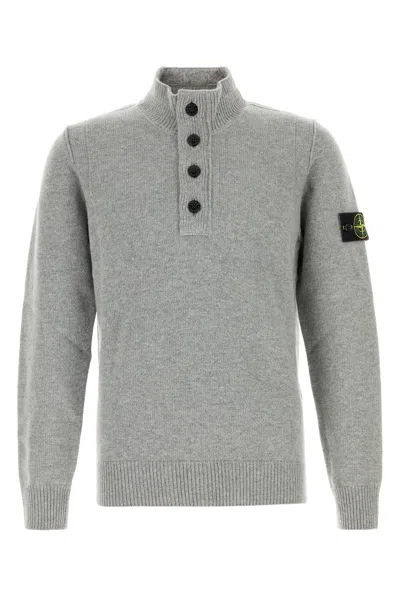 Stone Island Melange Virgin Wool High-neck Sweater With Logo Patch In Gray