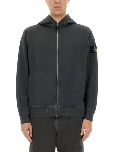 Stone Island Front Zip Closure Grey Zipper Hoodie In Military Green